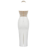 Cornelia Pearl Halter Bandage Dress - Beige