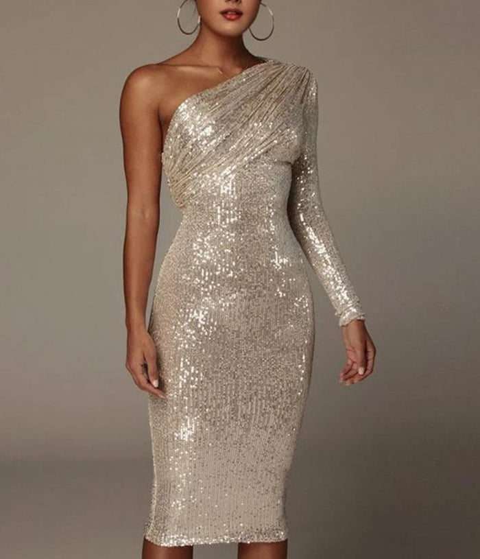 パーティードレス Waves Gold One-Shoulder Party Dress Lizette sequined one-shoulder gown in gold - The New
