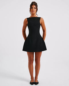 Alana black boat neck A-line mini dress – studio front