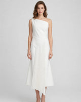 Aria Asymmetric Shoulder Pleated Midi Dress