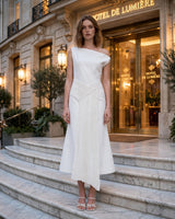 Aria Asymmetric Shoulder Pleated Midi Dress