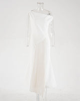 Aria Asymmetric Shoulder Pleated Midi Dress