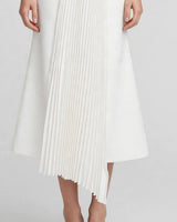 Aria Asymmetric Shoulder Pleated Midi Dress