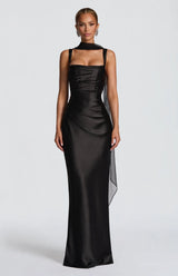 Calanthe black satin ruched maxi dress with square neckline – studio front