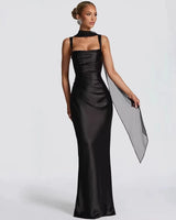 Calanthe black satin ruched maxi dress – front view