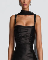 Square neckline, wide strap and sheer neck scarf styling detail
