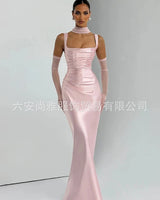 Calanthe blush satin maxi dress supplier front view