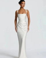 Calanthe ivory satin ruched maxi dress – front view