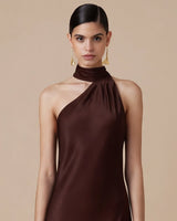 Close-up of the high halter neckline gathers