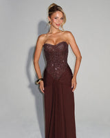 Carina plum brown sequin corset draped maxi dress – studio front