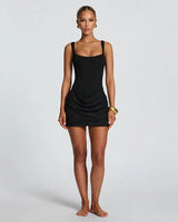 Cornelia black square neck corset mini dress, front studio view