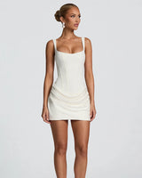 Cornelia ivory square neck corset draped mini dress – studio front
