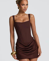 Cornelia plum brown corset mini dress – front view