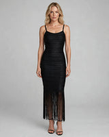 Demi black fringe-hem bandage maxi dress — studio front