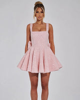 Dorothy blush sequin square neck bow mini dress, front studio view