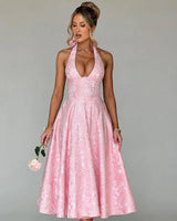Effie blush halter floral jacquard midi dress, front studio view