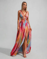 Elena watercolor print cut-out maxi dress — studio front