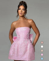 Elenora strapless jacquard mini dress, supplier front view (pink colourway shown)