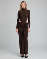 Elise coffee brown high-neck cut-out maxi dress — studio front