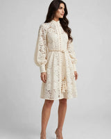Elodie Lace Lantern-Sleeve Midi Dress