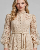 Elodie Lace Lantern-Sleeve Midi Dress
