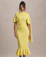 Enchant lemon twisted cape midi dress front view on model