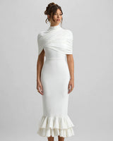 Enchant white twisted cape midi dress front view on model