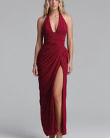 Farrah burgundy halter deep-V draped maxi dress — studio front