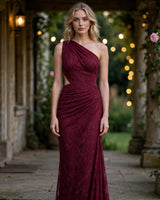 Faye burgundy one-shoulder ruched lace maxi dress — manor porch