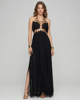 Freya gold-ring halter chiffon maxi dress, black, front view on model