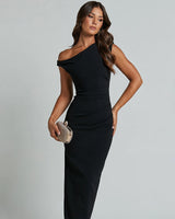Genie black off shoulder maxi dress front view on model