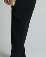 Close-up of the matte crepe fabric and column skirt