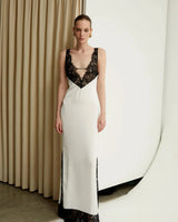 Greta white lace-panel deep-V maxi dress — product front