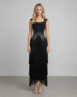 Harlow rhinestone fringe bandage maxi dress — studio front