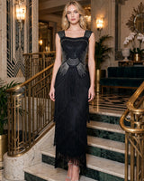 Harlow rhinestone fringe bandage maxi dress — art deco hotel