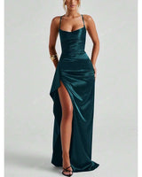 Helen emerald satin maxi dress – front view