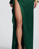 Draped thigh-high split detail in emerald satin