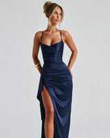 Helen navy cowl neck satin slit maxi dress, front studio view