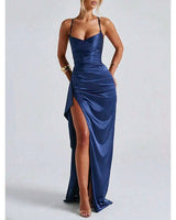 Helen navy satin maxi dress, supplier front view