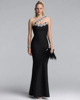 Isla black one-shoulder crystal-leaf mermaid maxi dress — studio front