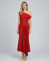 Aria red asymmetric shoulder pleated midi dress — studio front