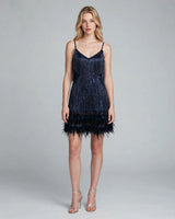 Kira navy sequin fringe feather mini dress — studio front