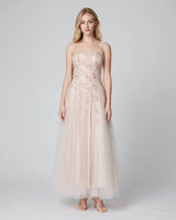 Kaia blush floral applique tulle maxi dress — studio front