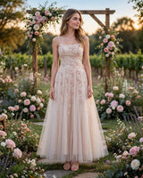 Kaia blush floral applique tulle maxi dress — garden wedding