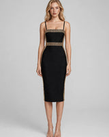 Livia gold woven trim bandage midi dress — studio front