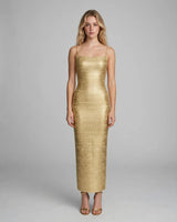 Leona metallic gold bandage maxi dress — studio front