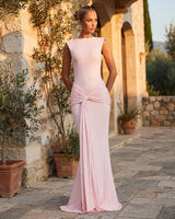 Lorenza blush maxi dress – villa courtyard at golden hour