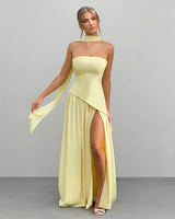 Maliyah lemon strapless corset maxi dress, front studio view