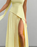 Corset bodice and asymmetric pointed hem detail