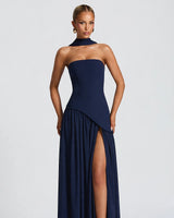 Maliyah navy strapless corset maxi dress, front studio view